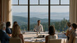 © forenna - Nonprofit board strategic planning retreat at a luxury conference center, trustees gathered around a horseshoe table with printed workbooks, a facilitator leading a SWOT analysis session, floor-to-c