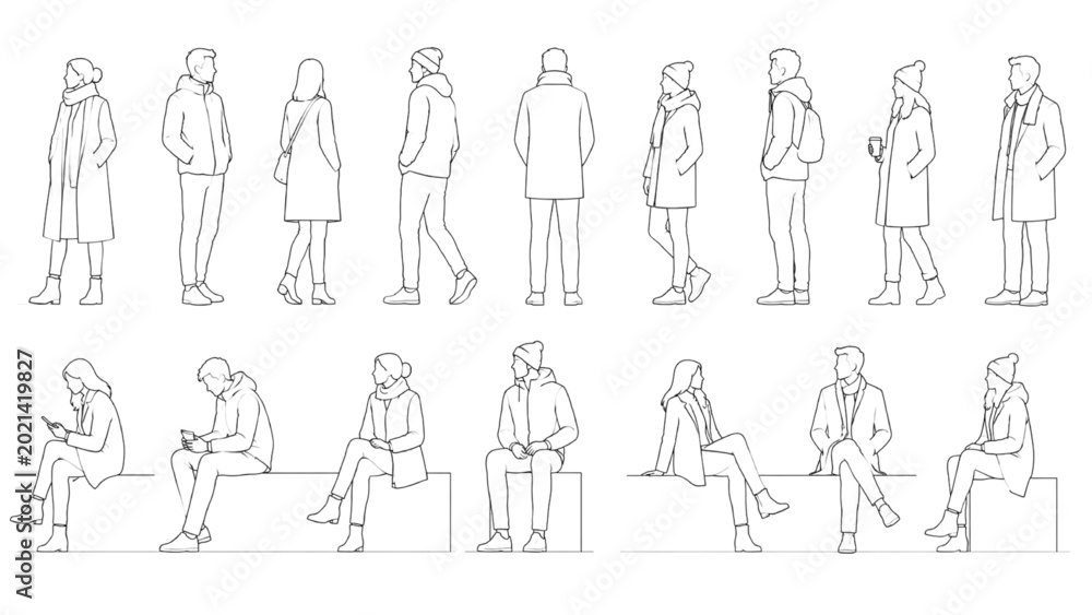 CAD vector outlines of diverse human figures in various poses, for ...