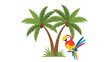 © Lamiya - Tropical scene includes two tall palm trees and a bright red parrot perched nearby as a vibrant illustration of exotic nature and wildlife.