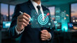 © John Hook - Aiming for Success: An executive focuses intently on a holographic target, symbolizing strategic goal-setting and achieving business objectives.