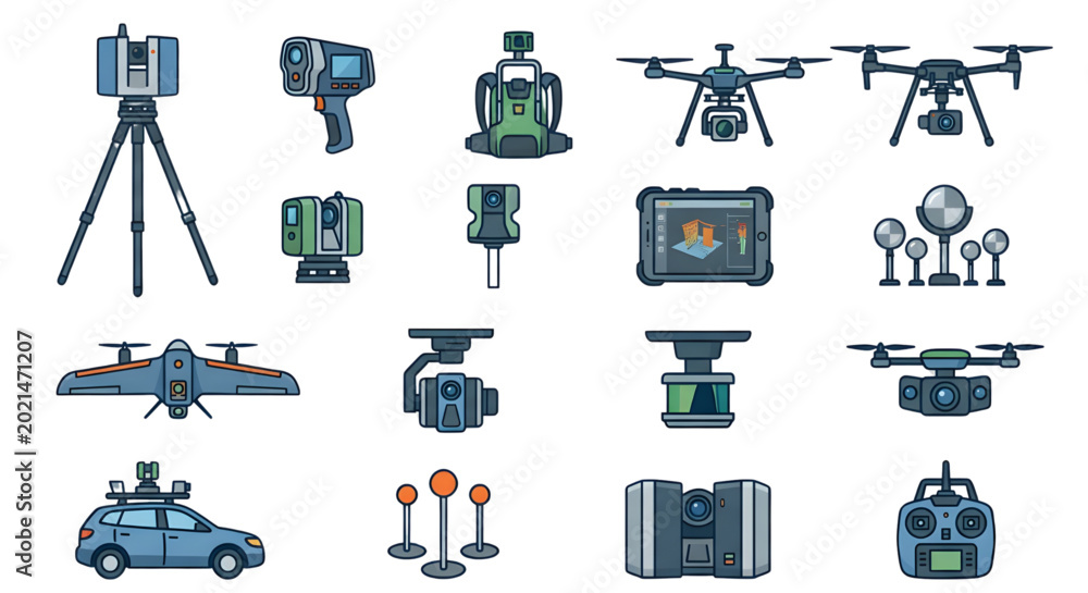 Photogrammetry and LIDAR 3D scanning equipment Vector icons, LIDAR ...
