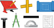 © MdMojnu - Drafting and Architecture Tools Icon Set Featuring Ruler, Compass, Protractor, Drafting Table, and Blueprints for Design and Engineering Projects