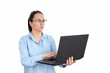 © Stanisic Vladimir - Professional businesswoman holding and using laptop isolated on white background, suitable for remote work, technology and business concepts
