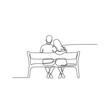 © Александр Михайлюк - Couple silhouette sitting on a park bench and looking at the horizon, minimalist elegant black line art illustration, isolated on