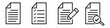 © MdSohel - Set of four black and white line representing document management and analysis tasks including a blank document a checklist a document with a pencil and a document with a magnifying glass and