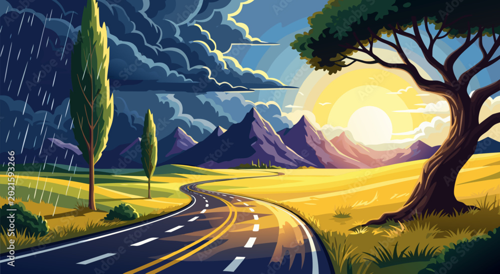 Scenic open road winding through a golden landscape with dramatic ...