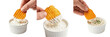 © trophyman - Set and collection of single potato chip dipping into white cream sauce isolated on white background