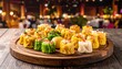 © Pratiwistudio - An abundant assortment of vibrant dim sum pastries presented on a rustic wooden board, inviting culinary exploration.