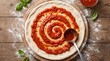 © Ardhana - Uncooked pizza dough topped with spiral tomato sauce on a wooden table with a spoon and basil leaves.