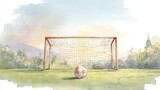 A watercolor illustration of a soccer goal on a grassy field with a soccer ball centered in front, set against a soft sky and trees in the background.
