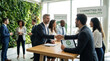 © ZeroOne - Eco conscious enterprise sustainable business corporate meeting green office diverse team handshake environmental responsibility modern workplace teamwork eco friendly