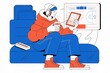 © Patrick - Modern flat illustration of a young person wearing headphones and a puffer jacket sitting on a seat, analyzing basketball sports data on a tablet and digital screen.