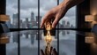 © Lazuardi - A hand makes a pivotal strategic move with a glowing queen chess piece, embodying leadership and calculated decision-making in a high-stakes corporate environment, city view