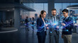 © Hamid - Conceptual image of AI and human collaboration, business professionals connected with glowing digital lines.