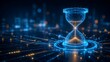 © emwe studio - Glowing blue digital hourglass hologram with falling particles representing time management data processing speed and futuristic network countdown
