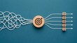 © emwe studio - Tangled string going through a wooden target block and becoming straight lines with checkmarks representing organizing chaos into clear business goals and actionable plans