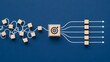 © emwe studio - Tangled string with scattered blocks passing through a target turning into straight arrows and aligned cubes representing process optimization and strategic business alignment