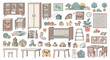 © Norman - Vast collection of nursery furniture and children s toys includes a crib, wardrobe, shelves, blocks, and books for a playroom.