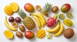 © Ahmad - A vibrant assortment of exotic and tropical fruits, including mangoes, pineapples, bananas, passion fruits, kiwis, and dragon fruits, artfully arranged on a white background