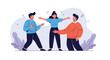 © Zayed - Calm woman acts as a mediator by standing between two angry men who are arguing loudly in a modern office or professional environment.