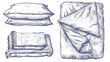 © slamet - Hand-drawn style illustration of folded bedding with pillows, blanket, and comforter