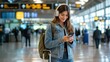 © wardi - Happy Young Woman Traveler with Backpack and Suitcase Using Smartphone and Headphones at Airport Terminal