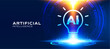 © StudioPixel2 - Artificial intelligence AI light bulb banner vector illustration with creative glowing neon light idea element. Futuristic dark blue technology concept background for presentation templates