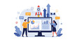 © Hasibul - Business professionals analyzing data on a large monitor with a rocket ship launching for a successful startup business mission.