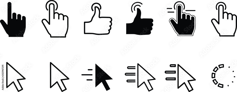 Computer cursor and hand icons for user interface design and ...