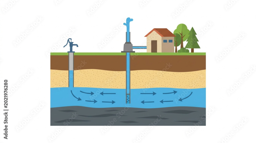 Cross-section illustration showing a hand pump and a modern well ...
