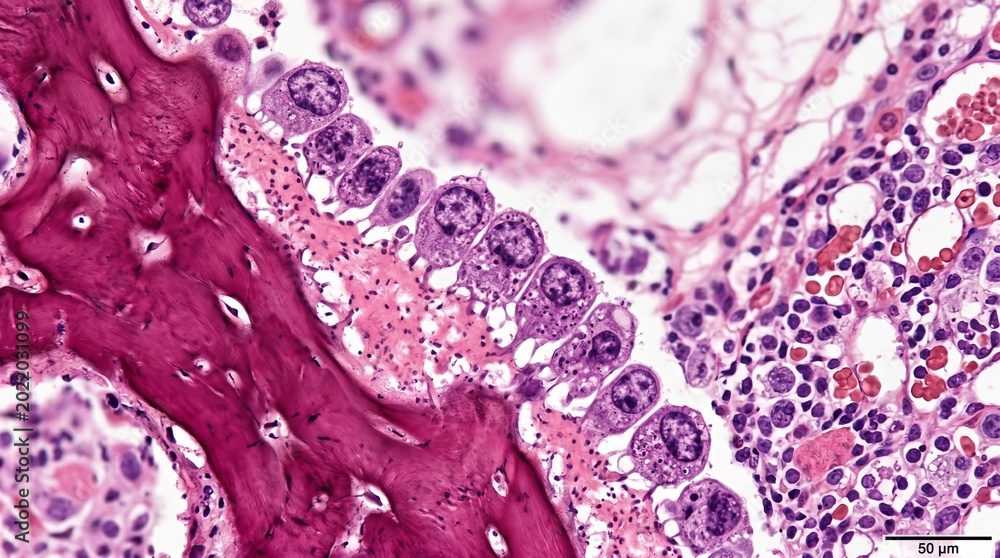 Histology of bone marrow showing hematopoietic cells and bone spicules ...