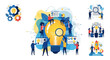 © Faried Muslim - A team of diverse professionals collaborating around a giant illuminated lightbulb, symbolizing innovation and teamwork in a business setting.
