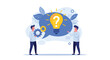 © Mehedi - Two people discuss creative solutions next to a large speech bubble containing a yellow lightbulb with a question mark symbol inside.