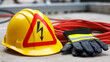 © MST - A close-up photograph of safety gear including a hard hat and gloves on a surface with electrical wiring