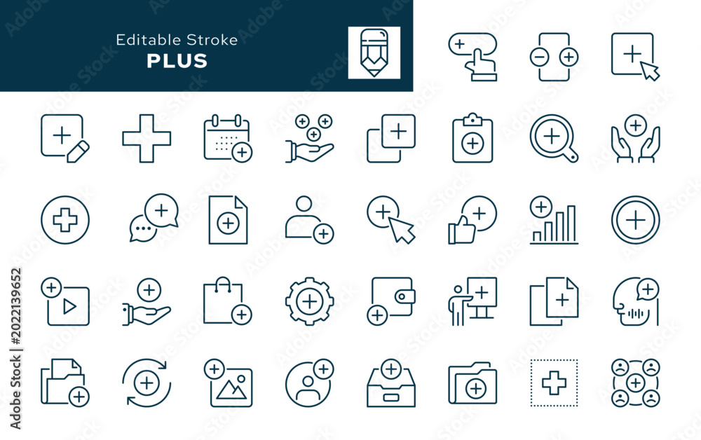 Plus outline icons set. Cross, more, addition, new, zoom, create ...