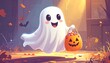 © Xaxu - Happy ghost holding jack o lantern.