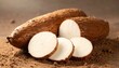 © Abdul - Fresh Raw Cassava Roots and Round Slices on Earthy Soil Background