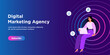 © rpdesignstudio - Modern digital marketing banner with female character sitting and holding a laptop illustration, blue gradient background, social media marketing concept, SEO, analytics, and online business promotion