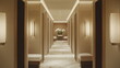 © vectorwin - Contemporary luxury hallway featuring elegant marble flooring, warm ambient lighting, minimalist benches, and a central orchid arrangement, creating a serene and sophisticated interior space
