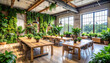 © SolaruS - Explore a modern biophilic office featuring wooden tables and lush vertical gardens. This ecofriendly workspace with industrial windows blends nature with professional productivity.