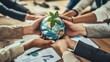 © Holo - Sustainable Corporate Responsibility Concept - Hands Holding Globe with Green Leaves in Modern Office Setting