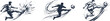 © FreelancerHasin - Grunge ink splatter silhouettes of soccer players kicking ball. Dynamic vector illustrations of football action with paint brush strokes.