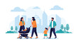 © Marufa - Families walking through a modern city park with high rise buildings in the background under a soft blue sky for urban living.