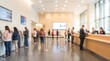 © CuteBee - Blurred busy bank branch interior with customers and staff in professional financial service setting with light wood counters and spacious architectural design and bright ambient lighting
