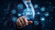 © CuteBee - Professional businessman touching virtual interface screen with skills development and career growth icons highlighting training education professional advancement and corporate expertise