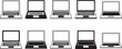 © MDSERAJUL - A comprehensive set of black computer icons and portable electronic devices including a laptop, desktop monitor, and mobile equipment for business data communication and network technology isolated on