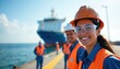 © Vadym - Smiling female engineer on offshore platform with ship. Maritime workers in safety vests and hard hats stand on dock. Team in port works near cargo ship.