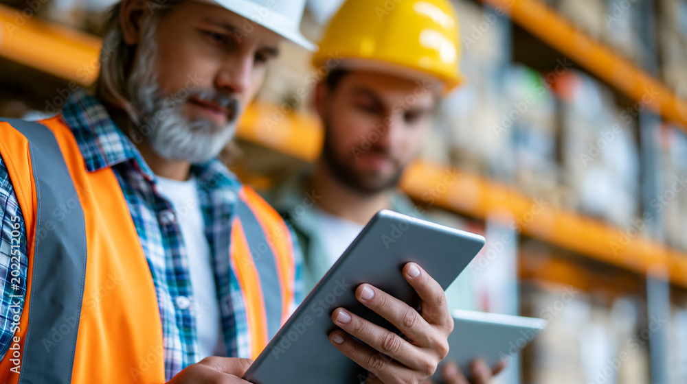 Shop Inventory Checking Close-up of warehouse workers checking inventory with tablets in a ...