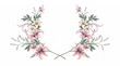 © Image - A beautiful watercolor floral frame in a crescent shape with pink lilies, soft leaves, and flowing tendrils.