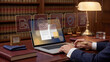 © ismail - Legal professional using laptop with gold holographic law icons, premium office technology background for AI compliance, contract review, case research and secure document workflow